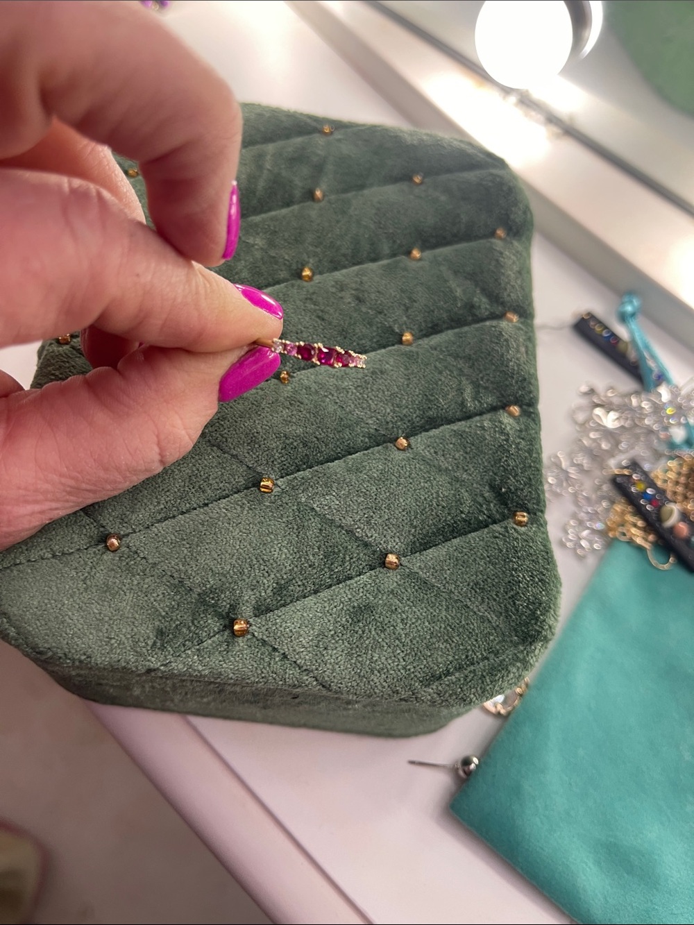 Quilted Green Suede Cosmetic Case with Gold Stud Accents